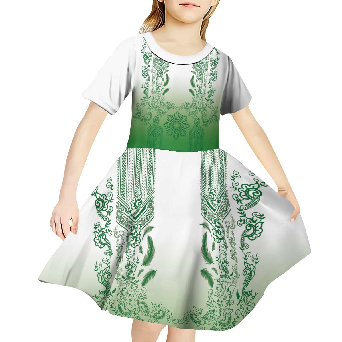 Philippines Barong Style Kid Short Sleeve Dress with Polynesian Art and Leaf Motif Green Color LT03 - Polynesian Pride