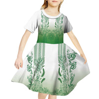 Philippines Barong Style Kid Short Sleeve Dress with Polynesian Art and Leaf Motif Green Color LT03 - Polynesian Pride