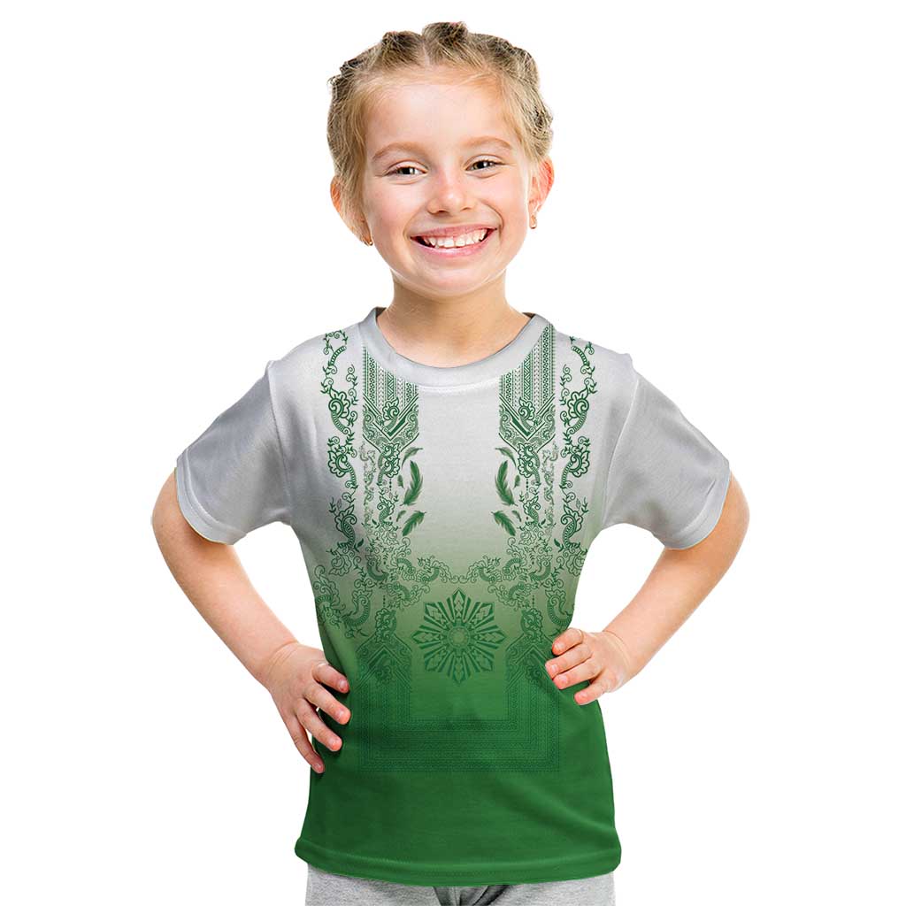 Philippines Barong Style Kid T Shirt with Polynesian Art and Leaf Motif Green Color LT03 Green - Polynesian Pride