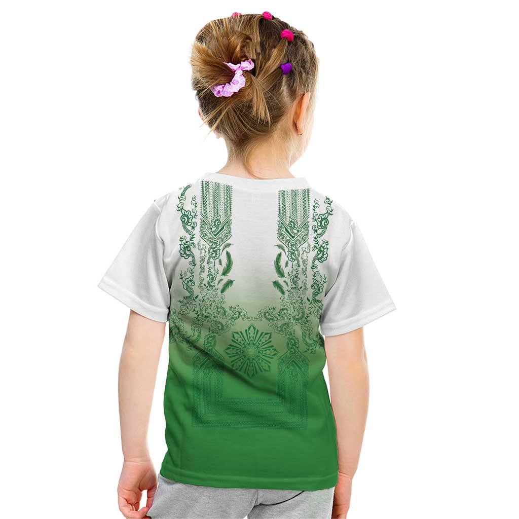 Philippines Barong Style Kid T Shirt with Polynesian Art and Leaf Motif Green Color LT03 - Polynesian Pride