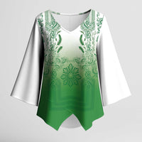 Philippines Barong Style Kimono Sleeve Blouse with Polynesian Art and Leaf Motif Green Color
