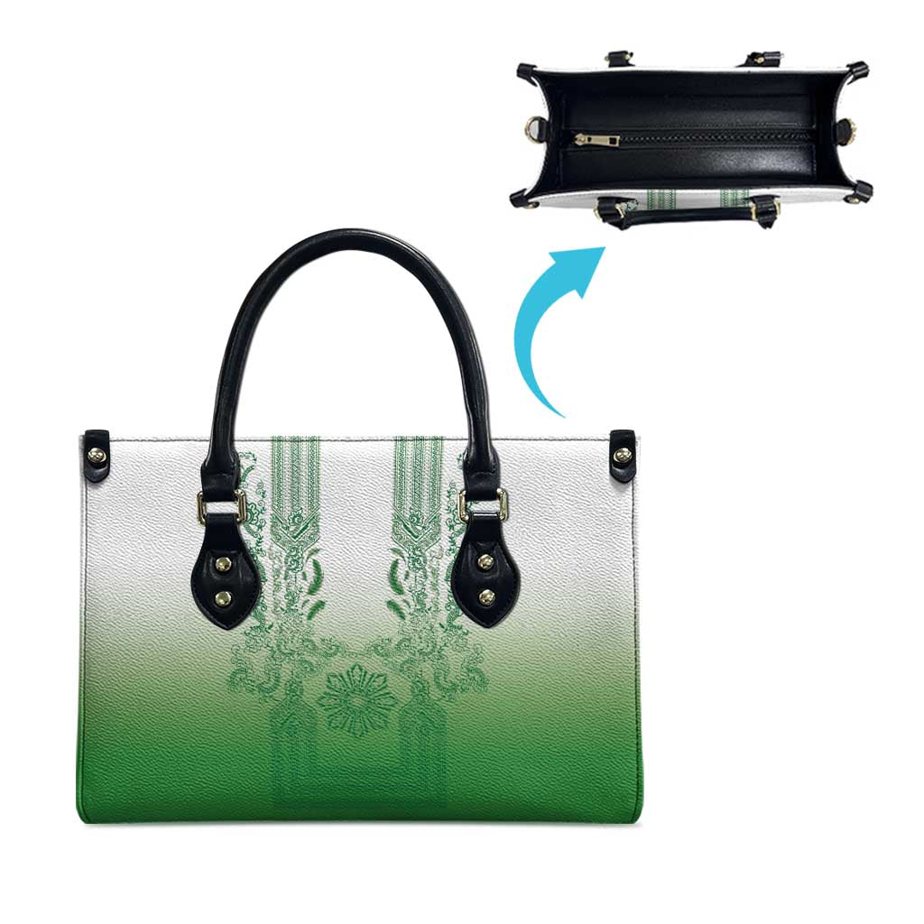 Philippines Barong Style Leather Bag with Polynesian Art and Leaf Motif Green Color