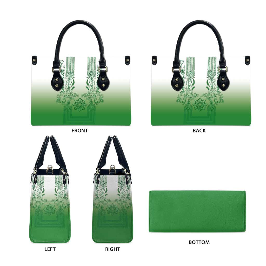 Philippines Barong Style Leather Bag with Polynesian Art and Leaf Motif Green Color