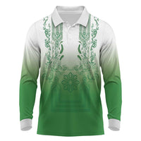 Philippines Barong Style Long Sleeve Polo Shirt with Polynesian Art and Leaf Motif Green Color LT03 Green - Polynesian Pride
