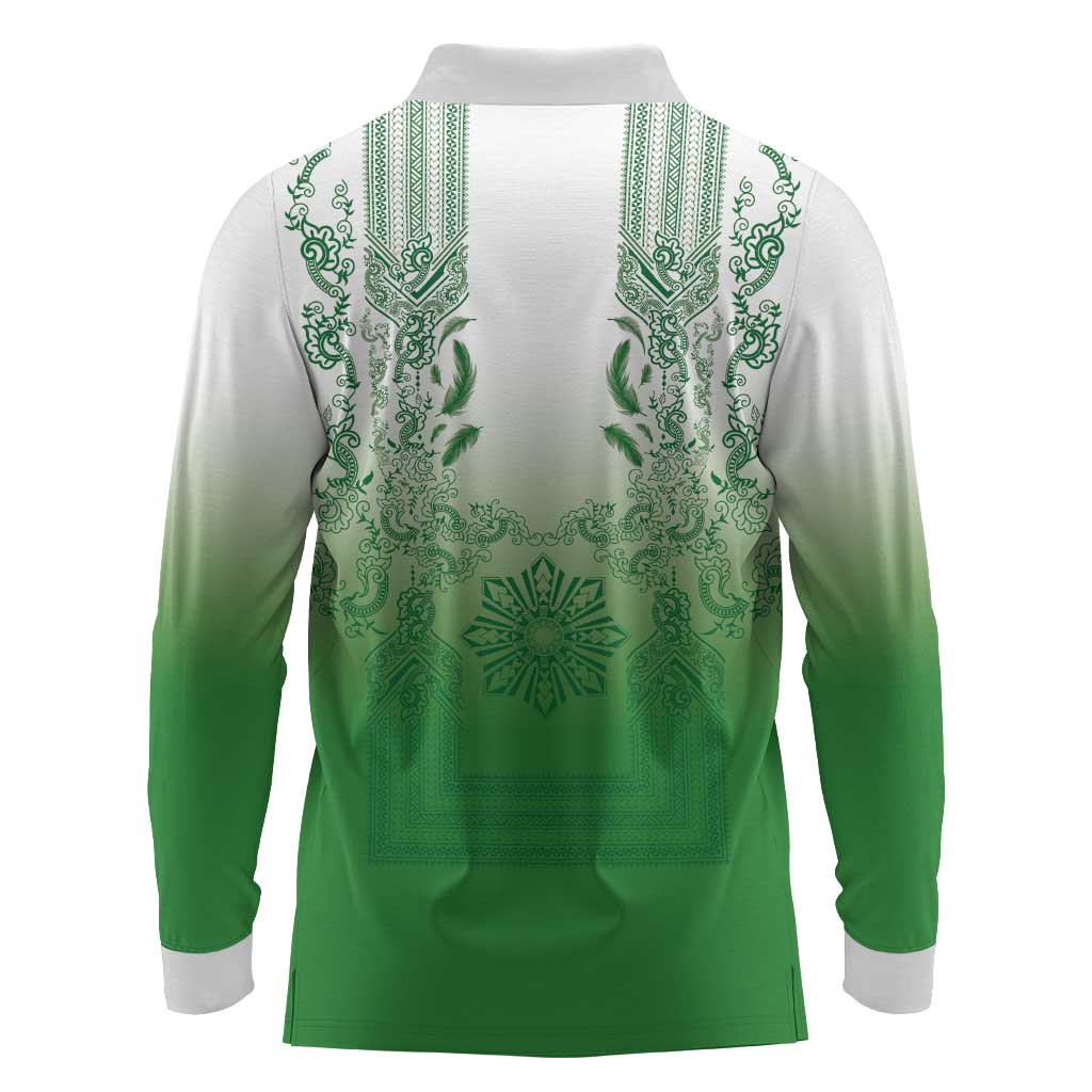 Philippines Barong Style Long Sleeve Polo Shirt with Polynesian Art and Leaf Motif Green Color LT03 - Polynesian Pride