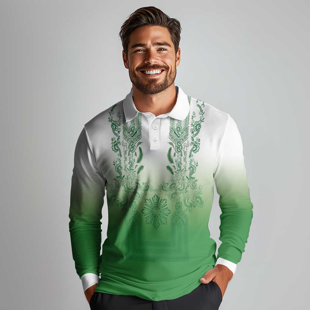 Philippines Barong Style Long Sleeve Polo Shirt with Polynesian Art and Leaf Motif Green Color LT03 - Polynesian Pride