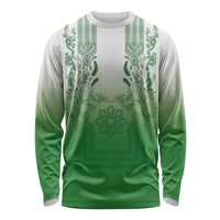 Philippines Barong Style Long Sleeve Shirt with Polynesian Art and Leaf Motif Green Color