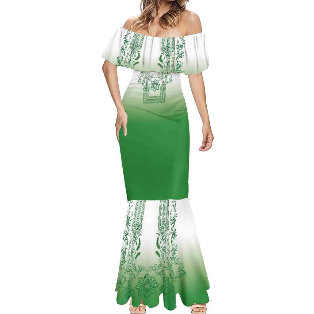 Philippines Barong Style Mermaid Dress with Polynesian Art and Leaf Motif Green Color LT03 - Polynesian Pride