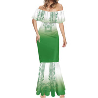 Philippines Barong Style Mermaid Dress with Polynesian Art and Leaf Motif Green Color LT03 - Polynesian Pride