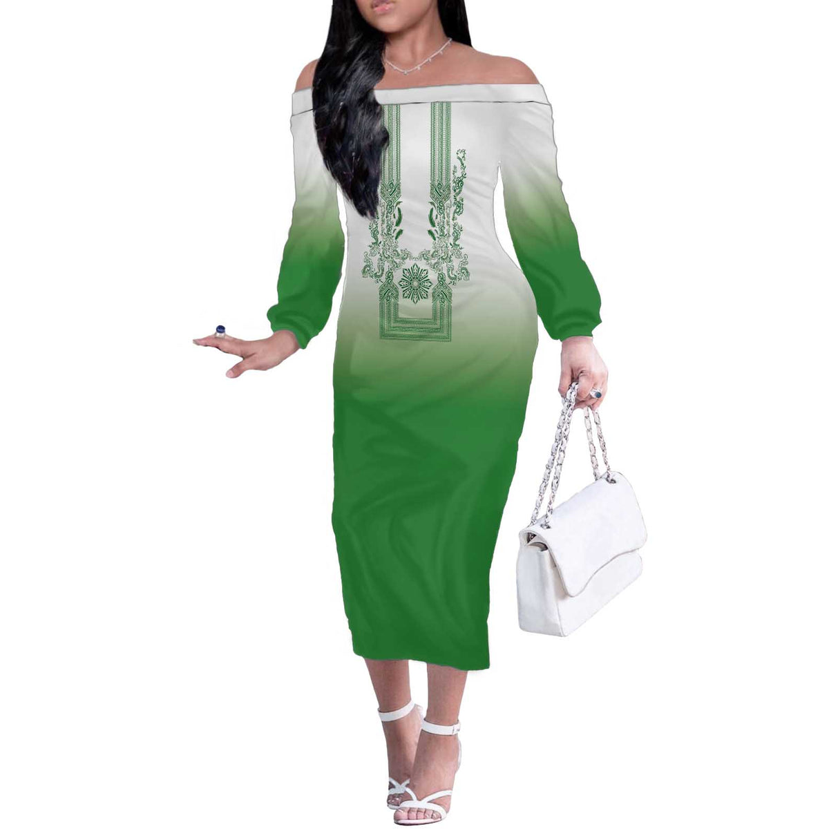 Philippines Barong Style Off The Shoulder Long Sleeve Dress with Polynesian Art and Leaf Motif Green Color LT03 Women Green - Polynesian Pride