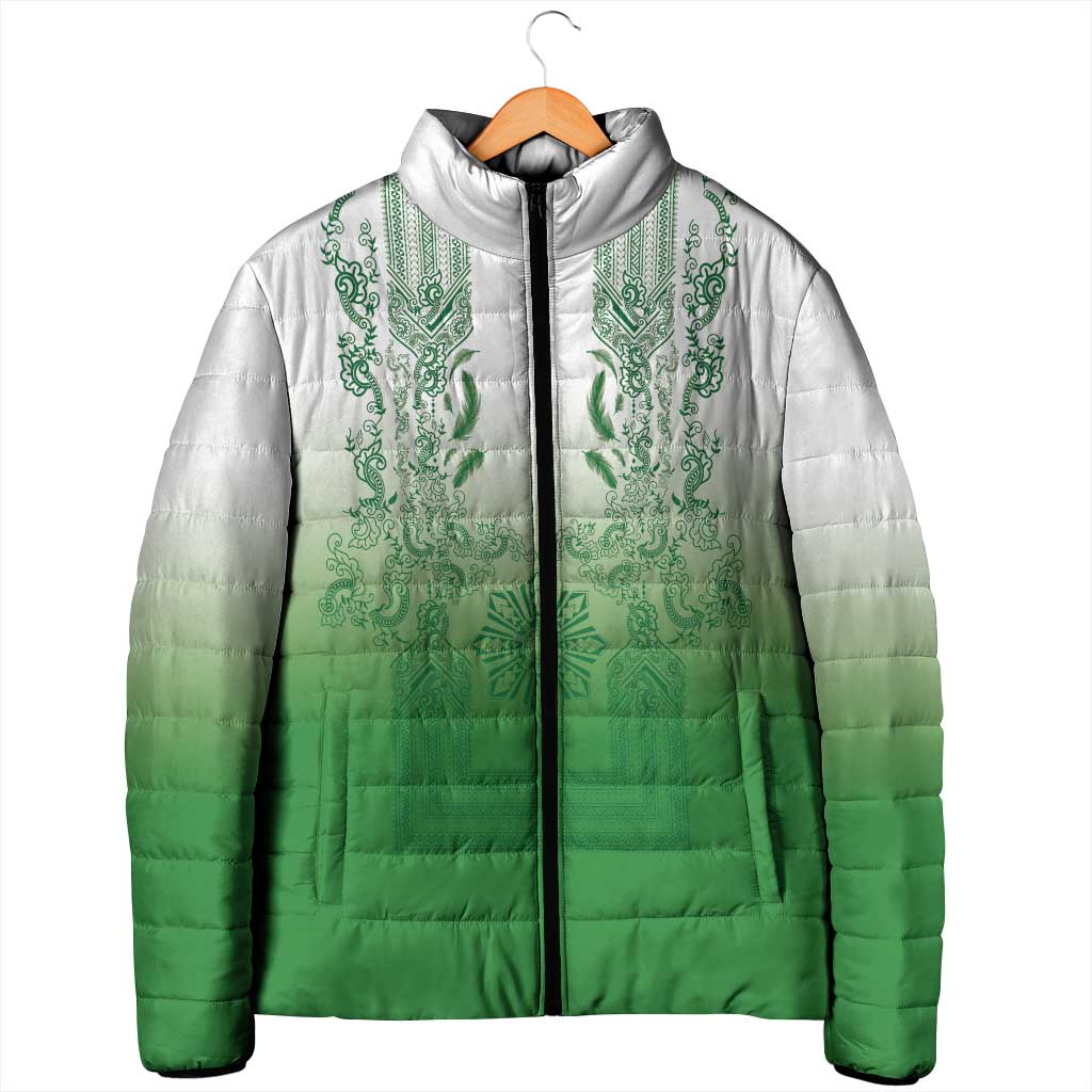 Philippines Barong Style Padded Jacket with Polynesian Art and Leaf Motif Green Color