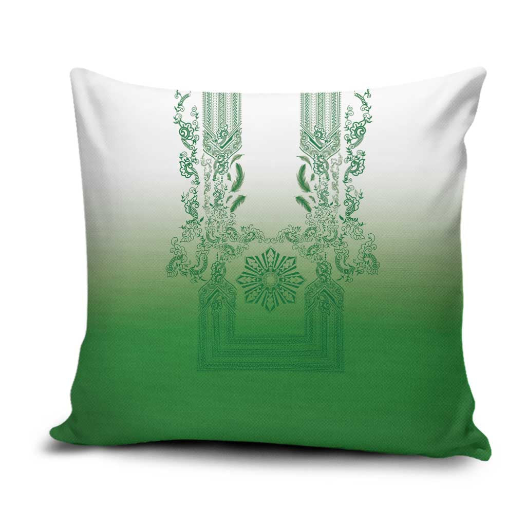 Philippines Barong Style Pillow Cover with Polynesian Art and Leaf Motif Green Color