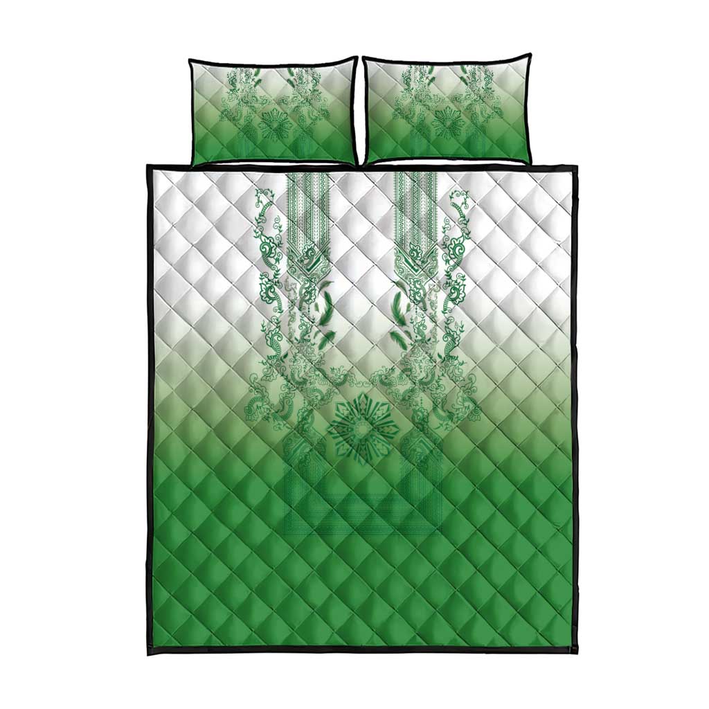 Philippines Barong Style Quilt Bed Set with Polynesian Art and Leaf Motif Green Color