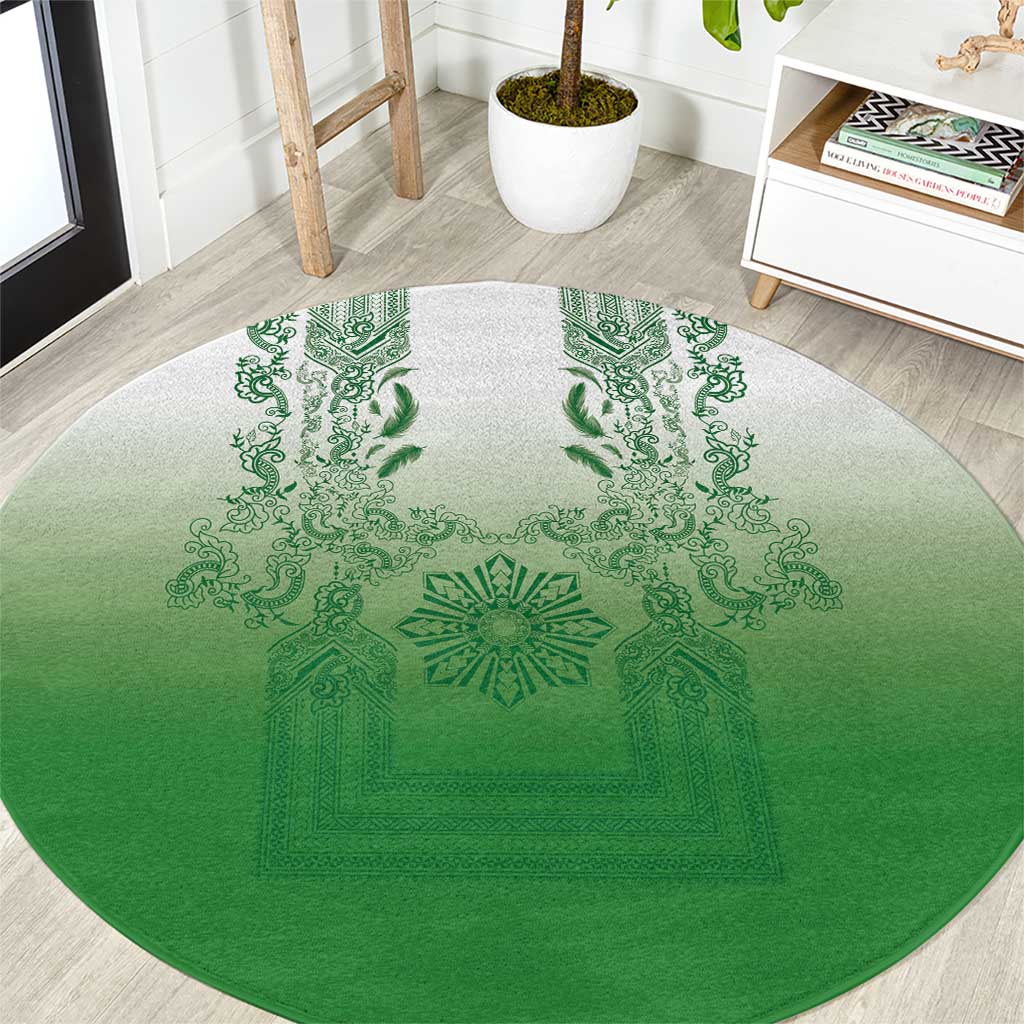 Philippines Barong Style Round Carpet with Polynesian Art and Leaf Motif Green Color