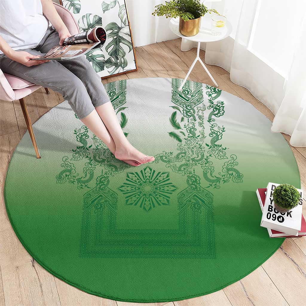 Philippines Barong Style Round Carpet with Polynesian Art and Leaf Motif Green Color