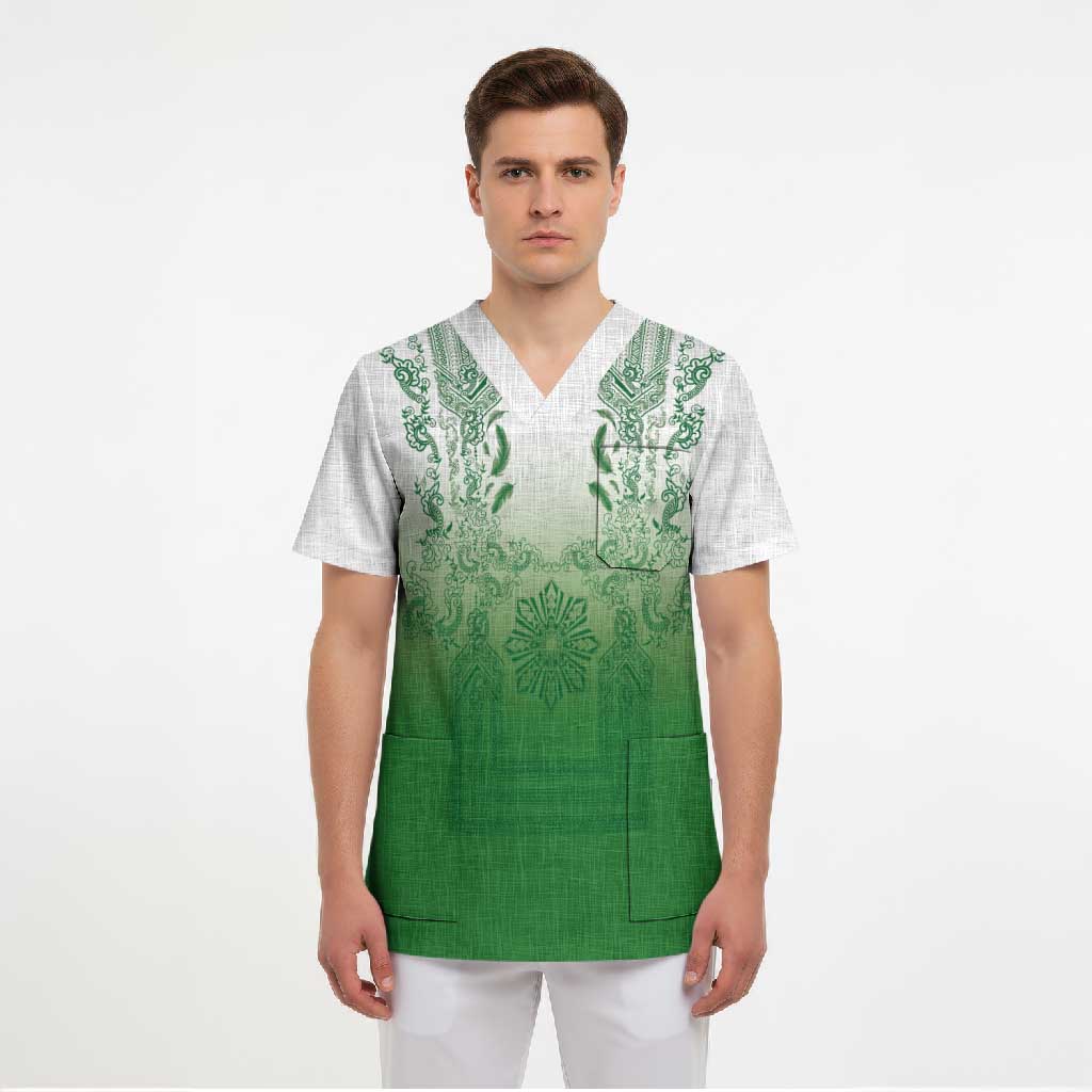 Philippines Barong Style Scrub Top with Polynesian Art and Leaf Motif Green Color