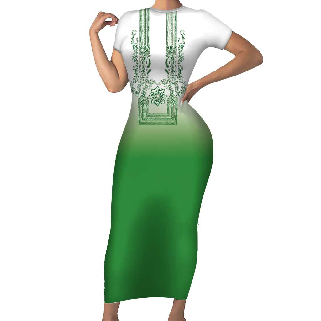 Philippines Barong Style Short Sleeve Bodycon Dress with Polynesian Art and Leaf Motif Green Color LT03 Long Dress Green - Polynesian Pride