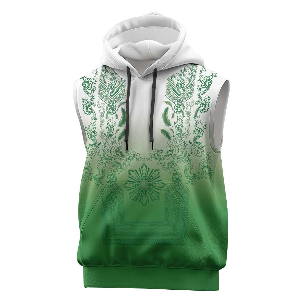 Philippines Barong Style Sleeveless Hoodie with Polynesian Art and Leaf Motif Green Color LT03 Green - Polynesian Pride