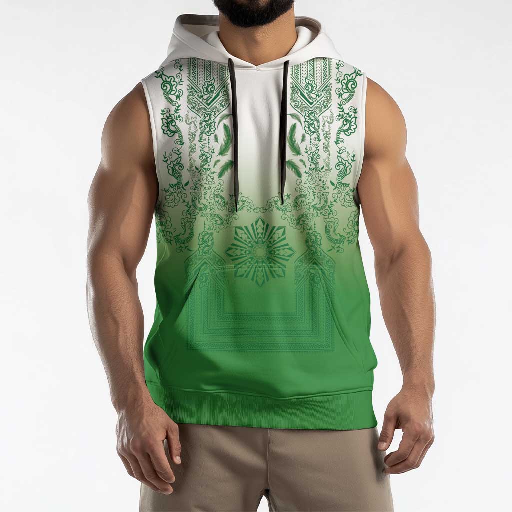 Philippines Barong Style Sleeveless Hoodie with Polynesian Art and Leaf Motif Green Color LT03 - Polynesian Pride