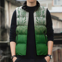 Philippines Barong Style Sleeveless Puffer Jacket with Polynesian Art and Leaf Motif Green Color