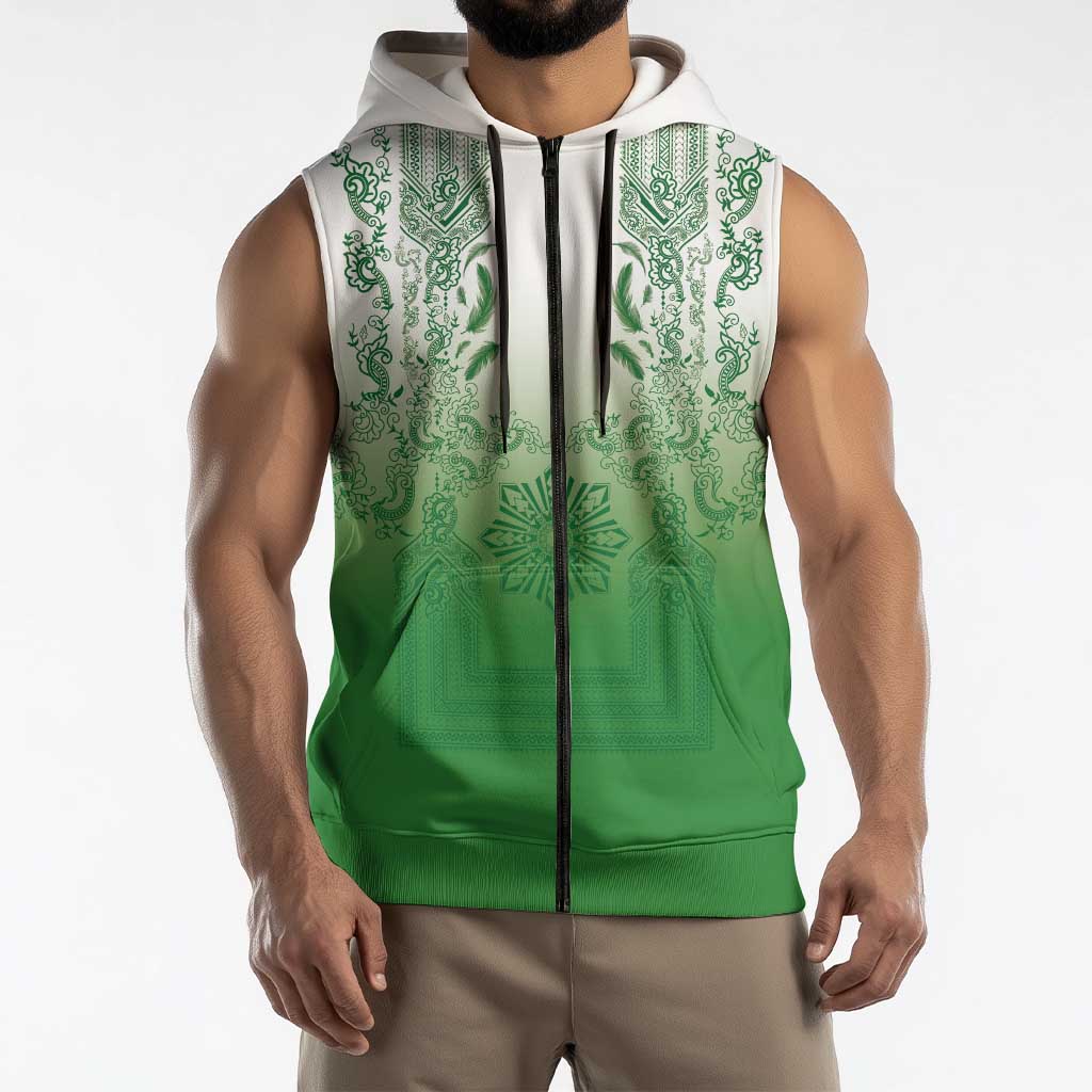 Philippines Barong Style Sleeveless Zip Hoodie with Polynesian Art and Leaf Motif Green Color LT03 - Polynesian Pride