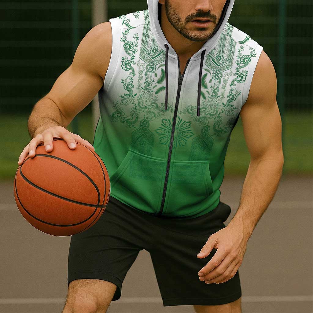 Philippines Barong Style Sleeveless Zip Hoodie with Polynesian Art and Leaf Motif Green Color LT03 - Polynesian Pride