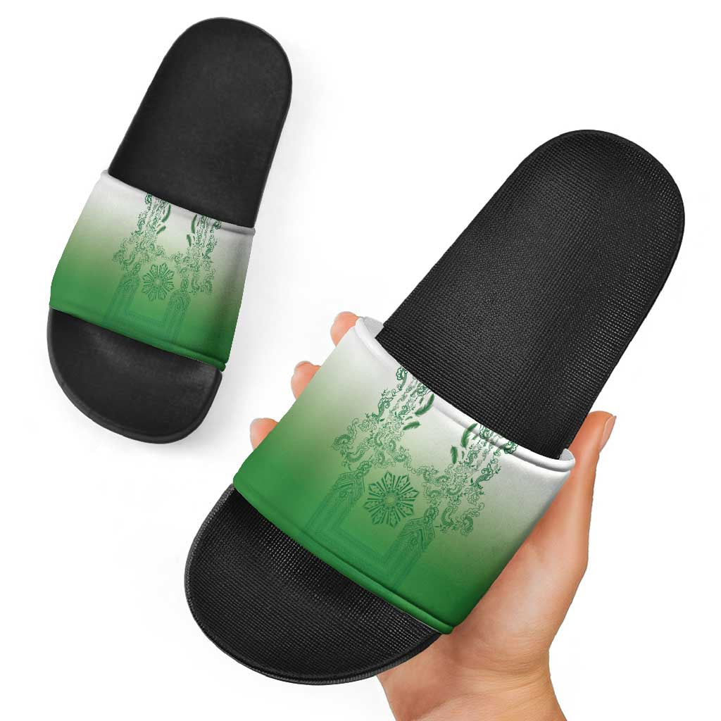 Philippines Barong Style Slide Sandals with Polynesian Art and Leaf Motif Green Color LT03 - Polynesian Pride