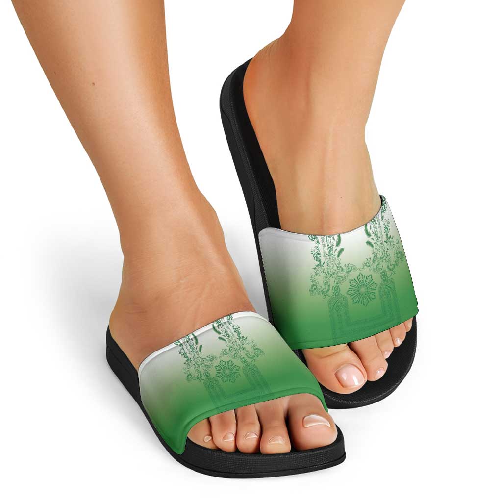 Philippines Barong Style Slide Sandals with Polynesian Art and Leaf Motif Green Color LT03 - Polynesian Pride
