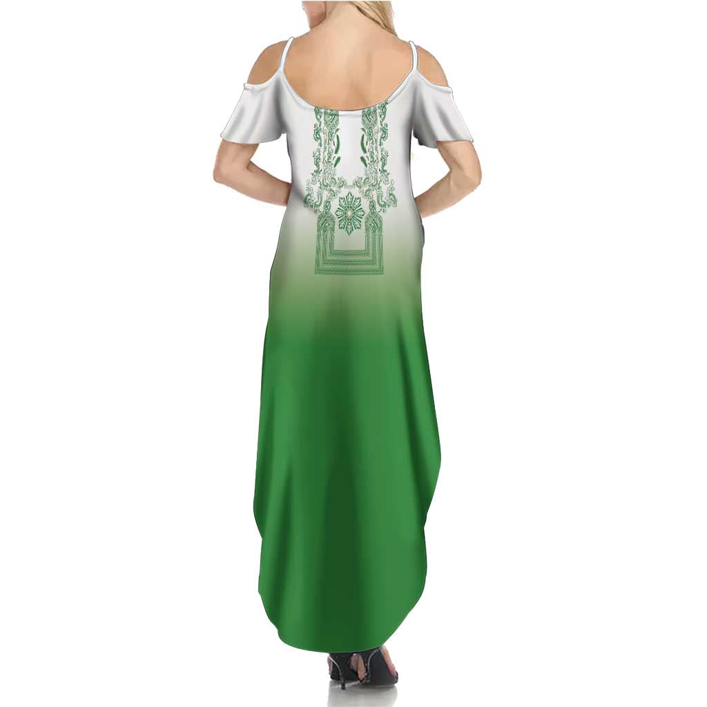 Philippines Barong Style Summer Maxi Dress with Polynesian Art and Leaf Motif Green Color