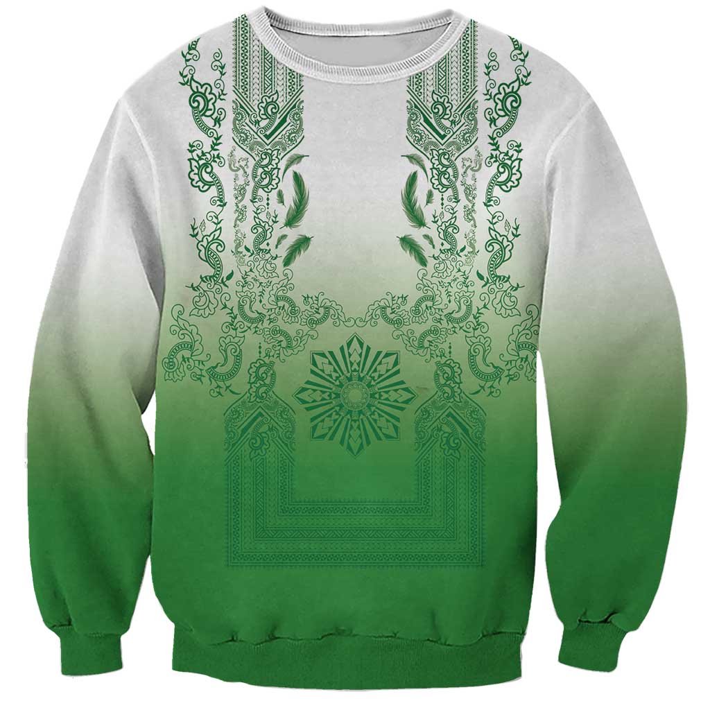 Philippines Barong Style Sweatshirt with Polynesian Art and Leaf Motif Green Color