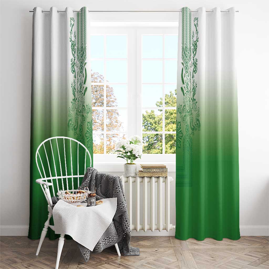 Philippines Barong Style Window Curtain with Polynesian Art and Leaf Motif Green Color