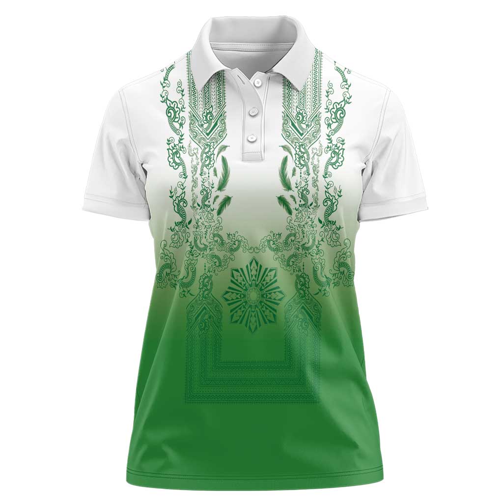 Philippines Barong Style Women Polo Shirt with Polynesian Art and Leaf Motif Green Color LT03 Female Green - Polynesian Pride
