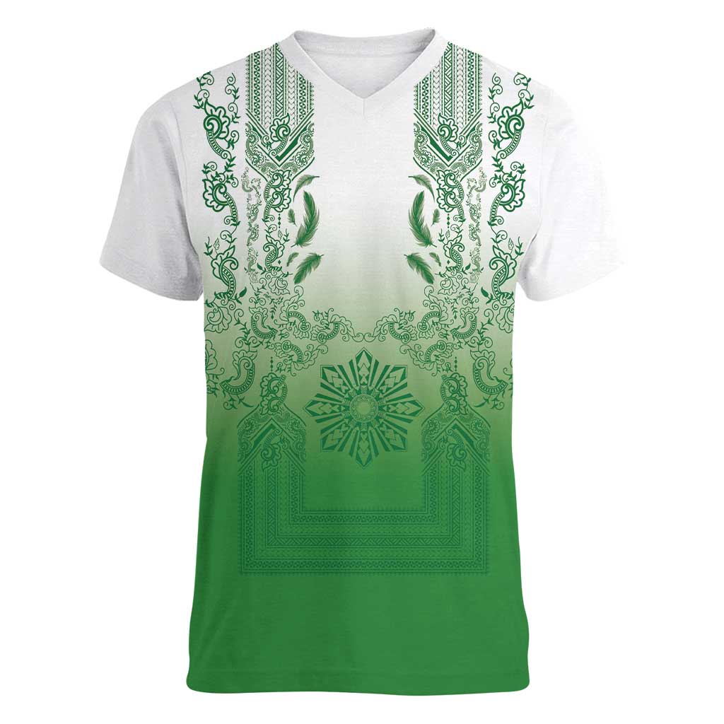 Philippines Barong Style Women V-Neck T-Shirt with Polynesian Art and Leaf Motif Green Color LT03 Female Green - Polynesian Pride