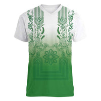 Philippines Barong Style Women V-Neck T-Shirt with Polynesian Art and Leaf Motif Green Color LT03 Female Green - Polynesian Pride