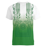 Philippines Barong Style Women V-Neck T-Shirt with Polynesian Art and Leaf Motif Green Color LT03 - Polynesian Pride