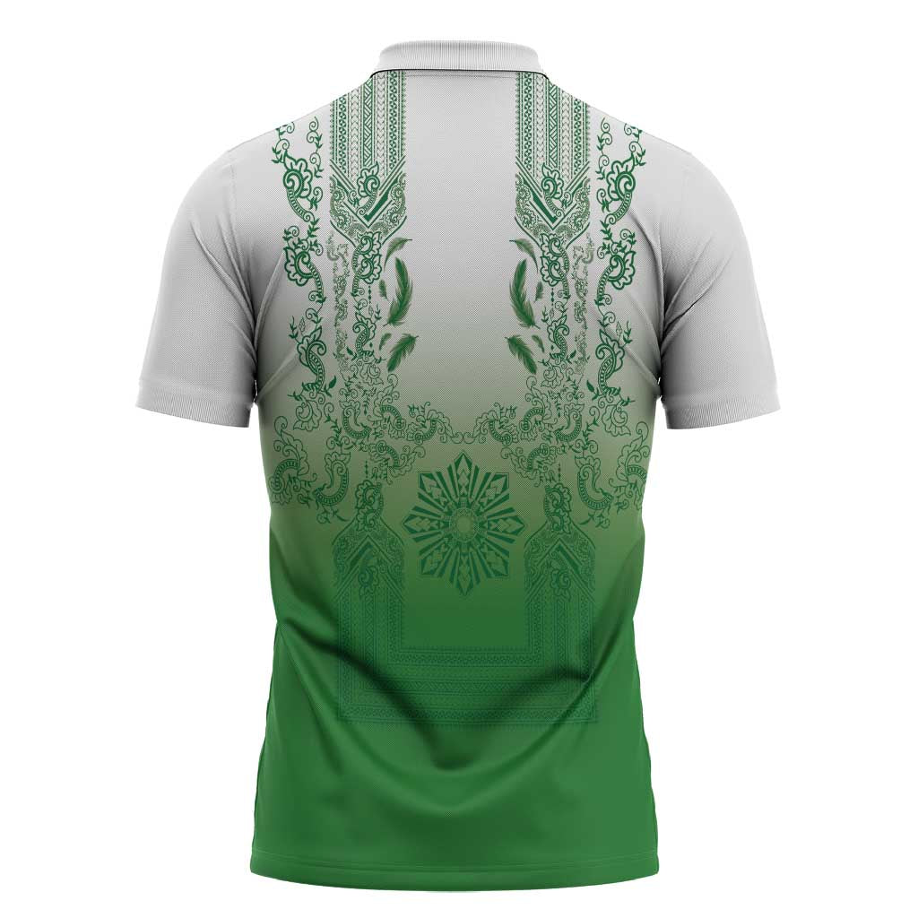 Philippines Barong Style Zipper Polo Shirt with Polynesian Art and Leaf Motif Green Color LT03 - Polynesian Pride