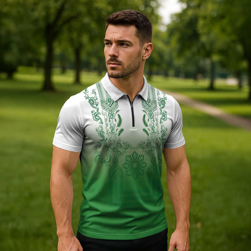 Philippines Barong Style Zipper Polo Shirt with Polynesian Art and Leaf Motif Green Color LT03 - Polynesian Pride