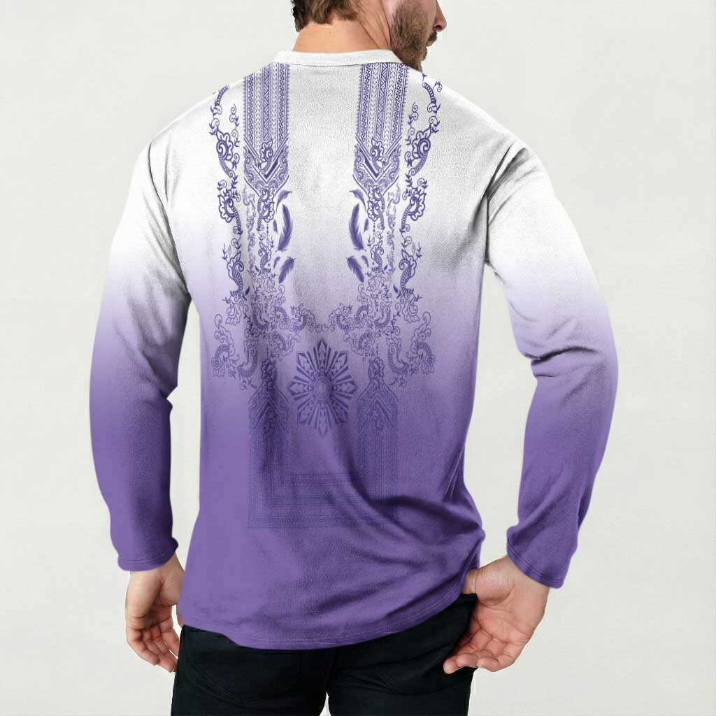 Philippines Barong Style Button Sweatshirt with Polynesian Art and Leaf Motif Purple Color