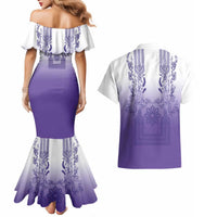 Philippines Barong Style Couples Matching Mermaid Dress and Hawaiian Shirt with Polynesian Art and Leaf Motif Purple Color