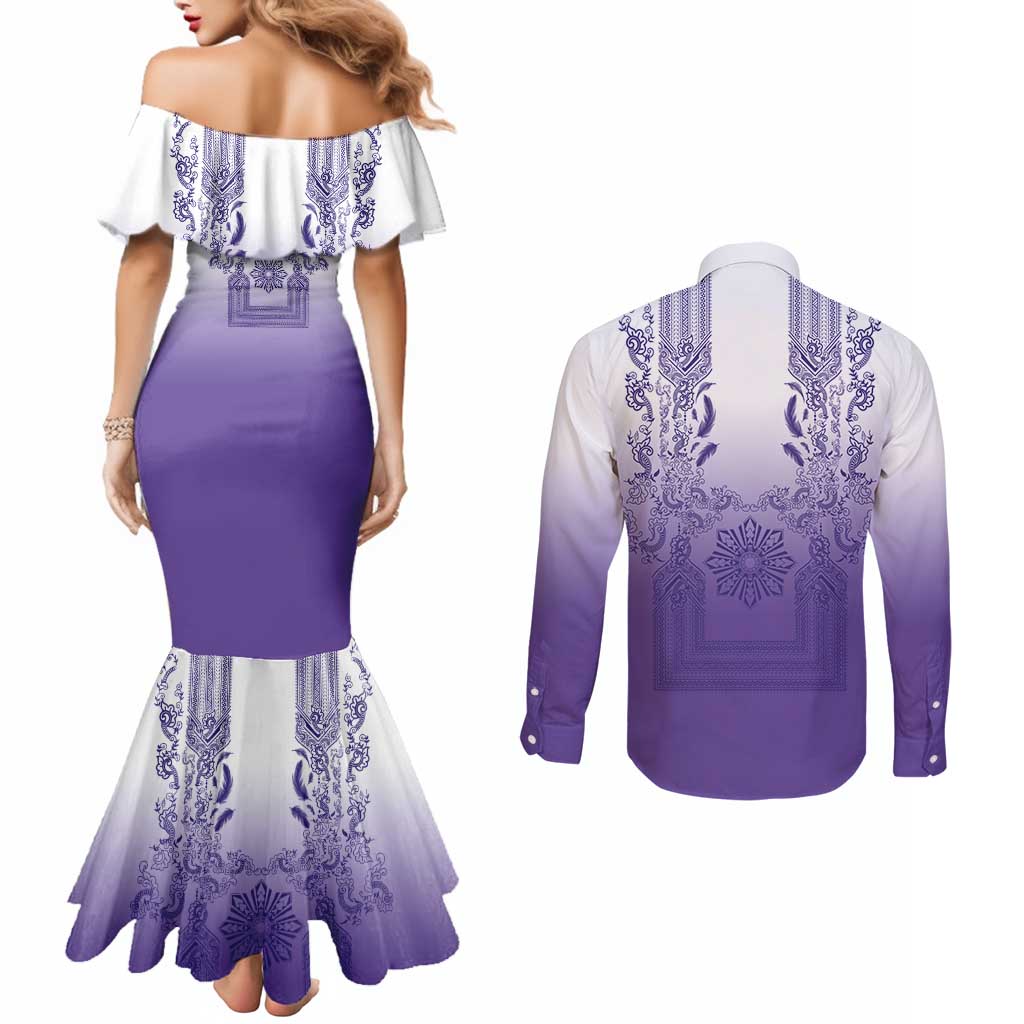 Philippines Barong Style Couples Matching Mermaid Dress and Long Sleeve Button Shirt with Polynesian Art and Leaf Motif Purple Color