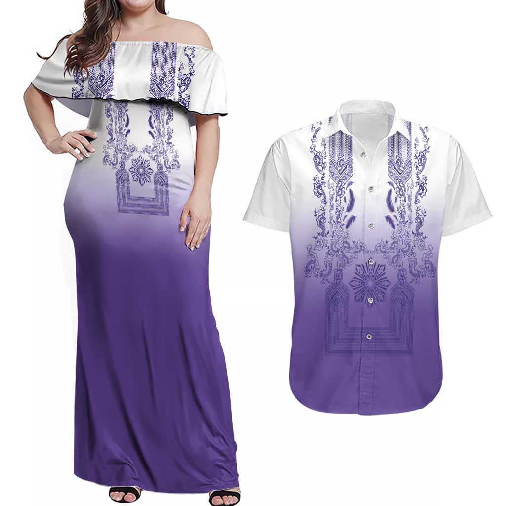 Philippines Barong Style Couples Matching Off Shoulder Maxi Dress and Hawaiian Shirt with Polynesian Art and Leaf Motif Purple Color
