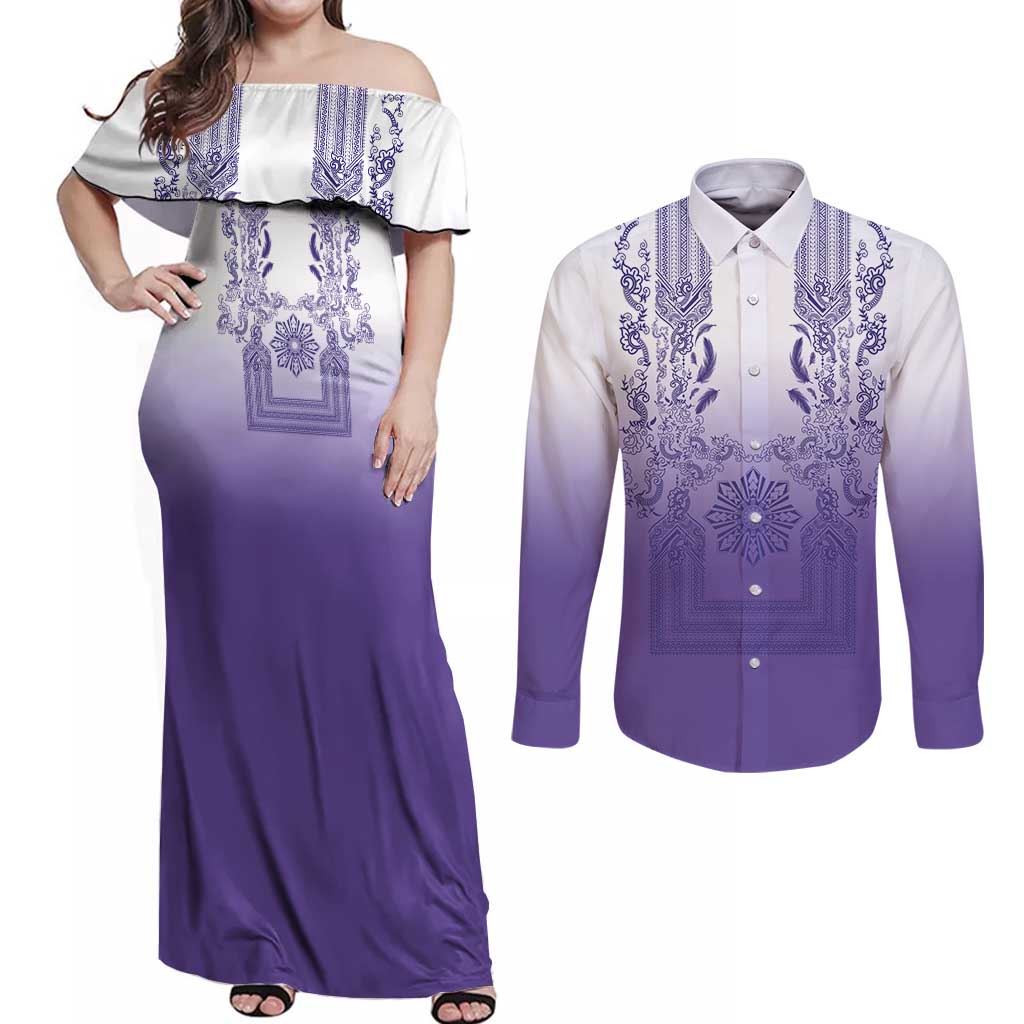 Philippines Barong Style Couples Matching Off Shoulder Maxi Dress and Long Sleeve Button Shirt with Polynesian Art and Leaf Motif Purple Color LT03 Purple - Polynesian Pride