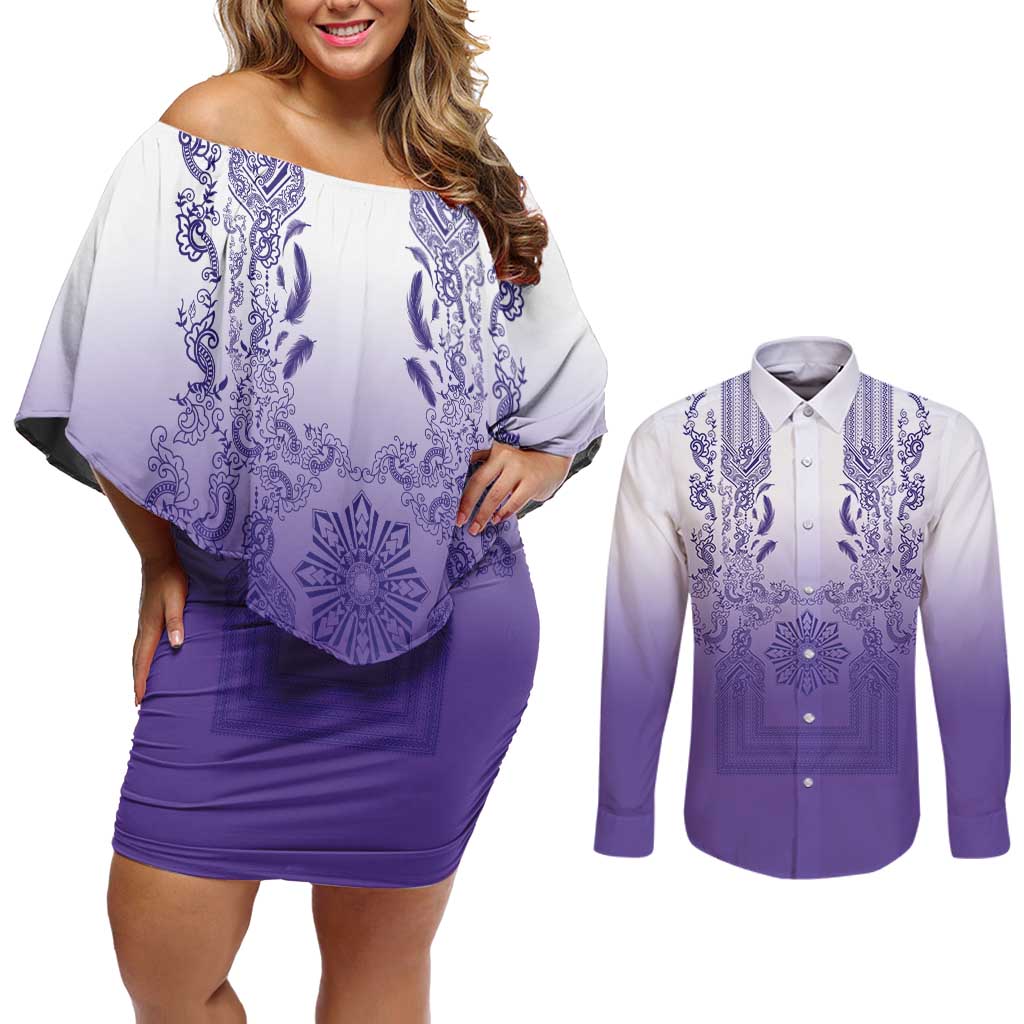 Philippines Barong Style Couples Matching Off Shoulder Short Dress and Long Sleeve Button Shirt with Polynesian Art and Leaf Motif Purple Color LT03 Purple - Polynesian Pride