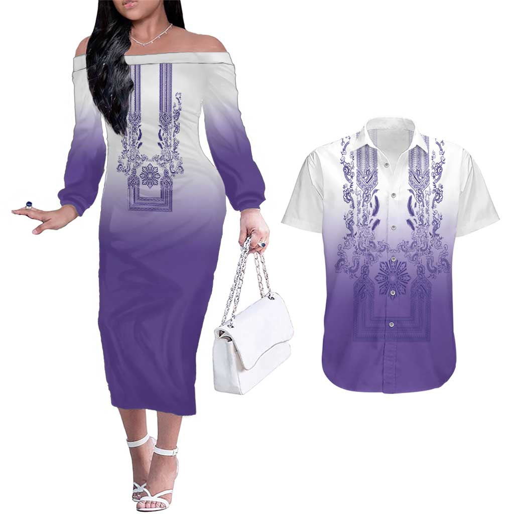 Philippines Barong Style Couples Matching Off The Shoulder Long Sleeve Dress and Hawaiian Shirt with Polynesian Art and Leaf Motif Purple Color LT03 Purple - Polynesian Pride