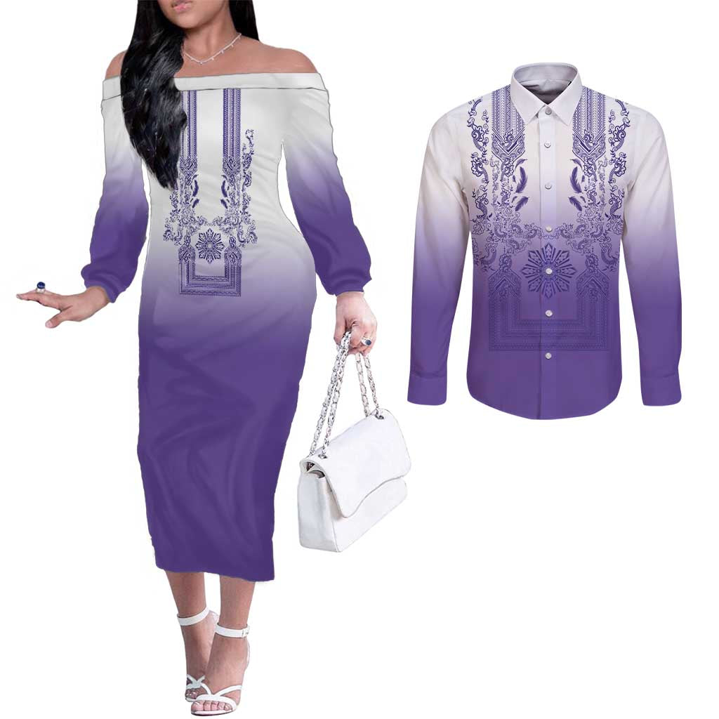 Philippines Barong Style Couples Matching Off The Shoulder Long Sleeve Dress and Long Sleeve Button Shirt with Polynesian Art and Leaf Motif Purple Color