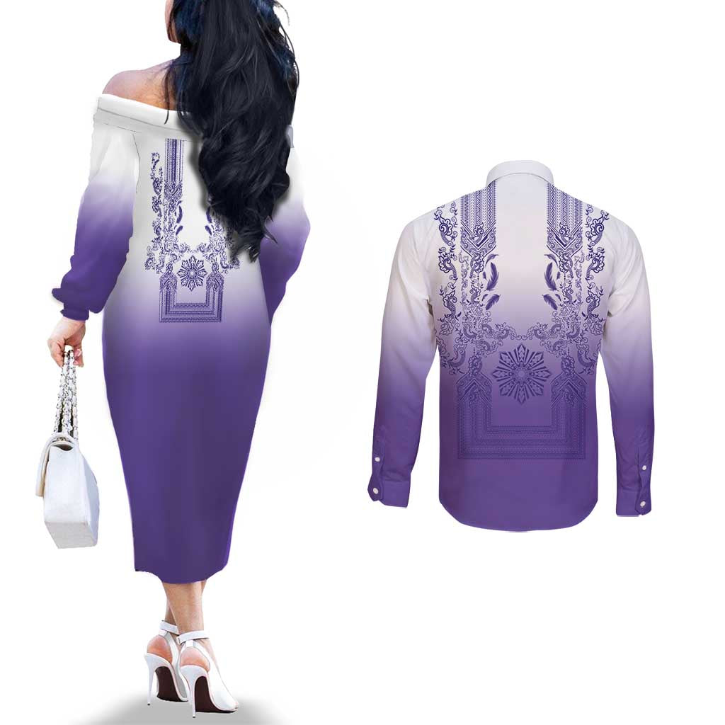 Philippines Barong Style Couples Matching Off The Shoulder Long Sleeve Dress and Long Sleeve Button Shirt with Polynesian Art and Leaf Motif Purple Color