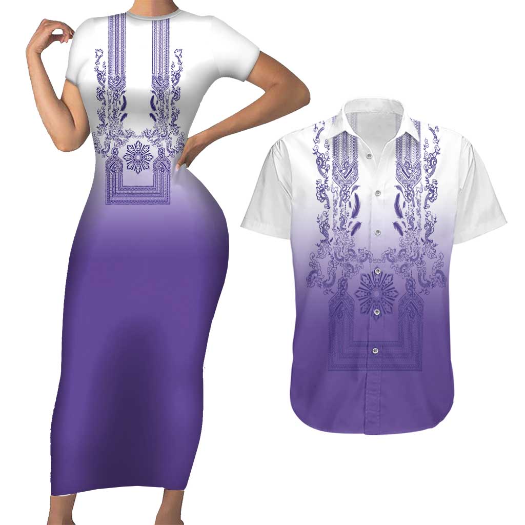 Philippines Barong Style Couples Matching Short Sleeve Bodycon Dress and Hawaiian Shirt with Polynesian Art and Leaf Motif Purple Color LT03 Purple - Polynesian Pride