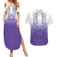 Philippines Barong Style Couples Matching Summer Maxi Dress and Hawaiian Shirt with Polynesian Art and Leaf Motif Purple Color