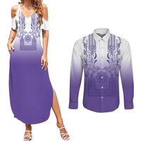 Philippines Barong Style Couples Matching Summer Maxi Dress and Long Sleeve Button Shirt with Polynesian Art and Leaf Motif Purple Color LT03 Purple - Polynesian Pride