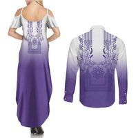Philippines Barong Style Couples Matching Summer Maxi Dress and Long Sleeve Button Shirt with Polynesian Art and Leaf Motif Purple Color LT03 - Polynesian Pride